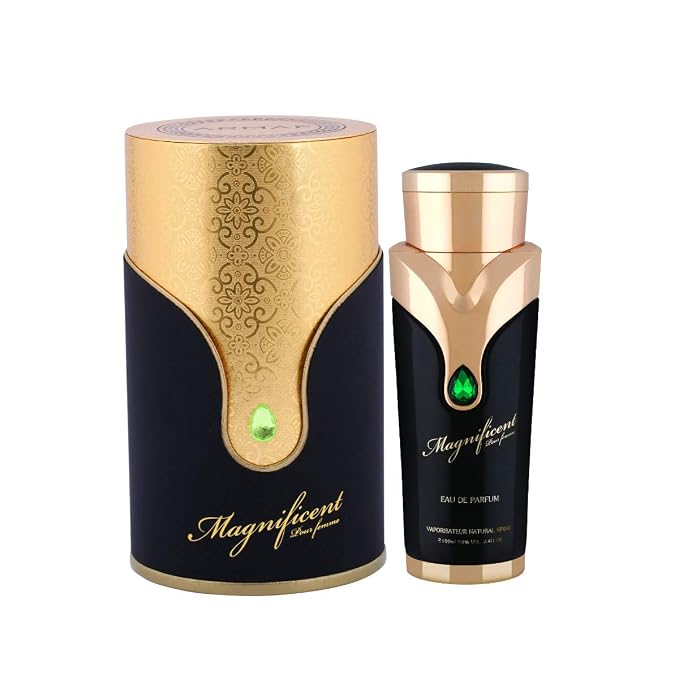 Armaf Magnificent Pour Femme Eau de Parfum 3.4 oz for women with raspberry, black currant, rose, patchouli, musk, and fruity chypre fragrance notes.