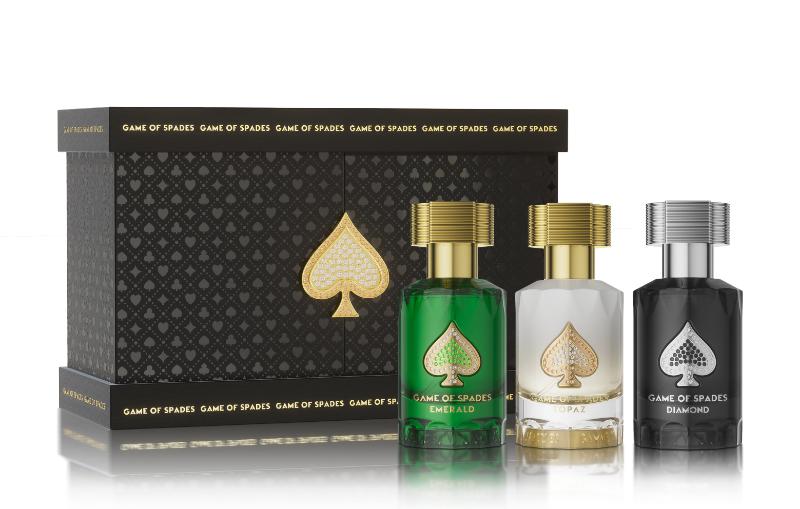 Game of Spades Diamond Collection Gift Set with Emerald, Diamond, and Topaz for perfume wholesale USA retailers.