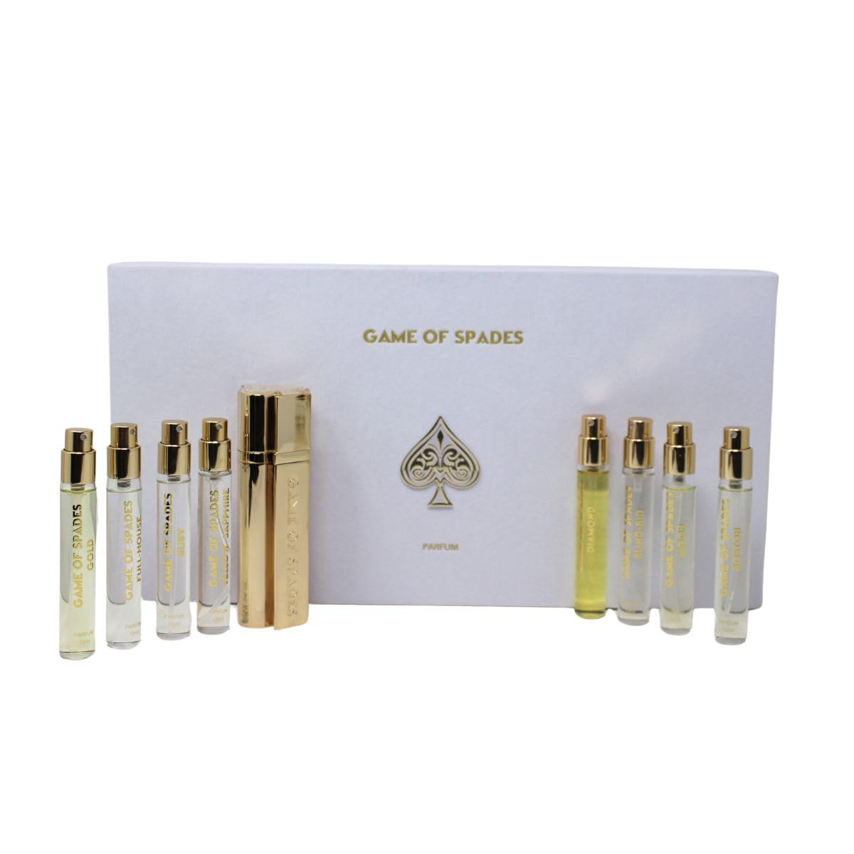 Jo Milano Game of Spades 9-piece mini parfum gift set with Boston, Moon, Blind Bid, Full House, Diamond, Gold, Ruby, Yellow Sapphire, and High Roller 0.33 oz sprays.