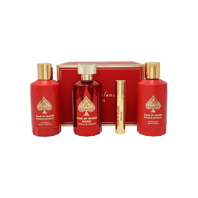 Jo Milano Game of Spades Rouge Extrait 4-piece unisex gift set including 3.4 oz perfume spray, body cleanser, body cream, and refillable atomizer in luxury packaging.