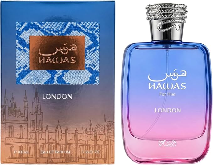 Rasasi Hawas London EDP 3.38 oz for men spicy fruity floral amber fragrance.