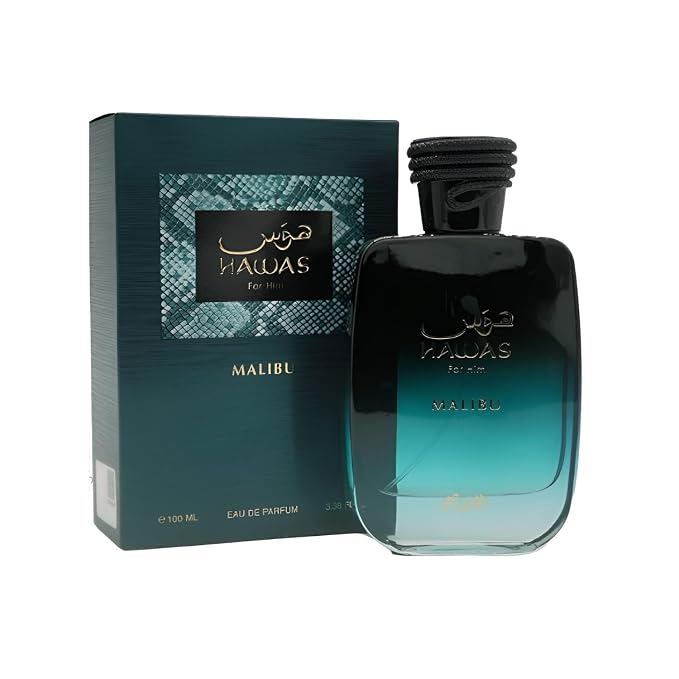 Rasasi Hawas Malibu EDP 3.4 oz for men Middle Eastern fragrance bottle.